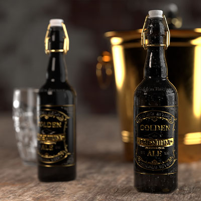 Canette et bouteille de bière noir et or.