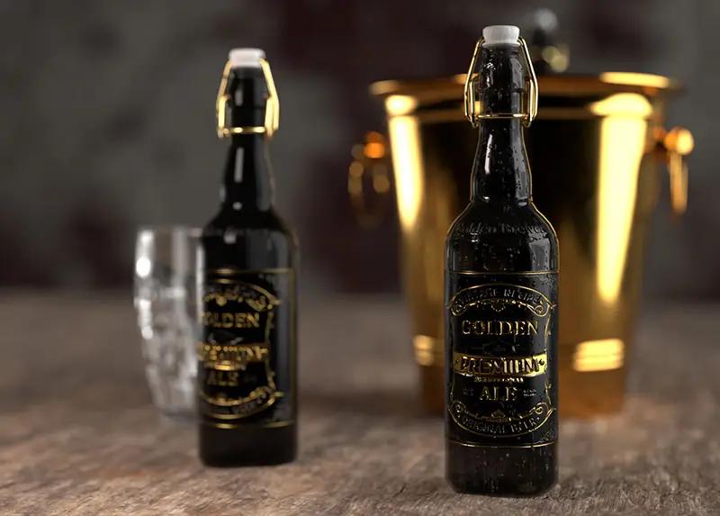 Bouteille de bière noir et or.